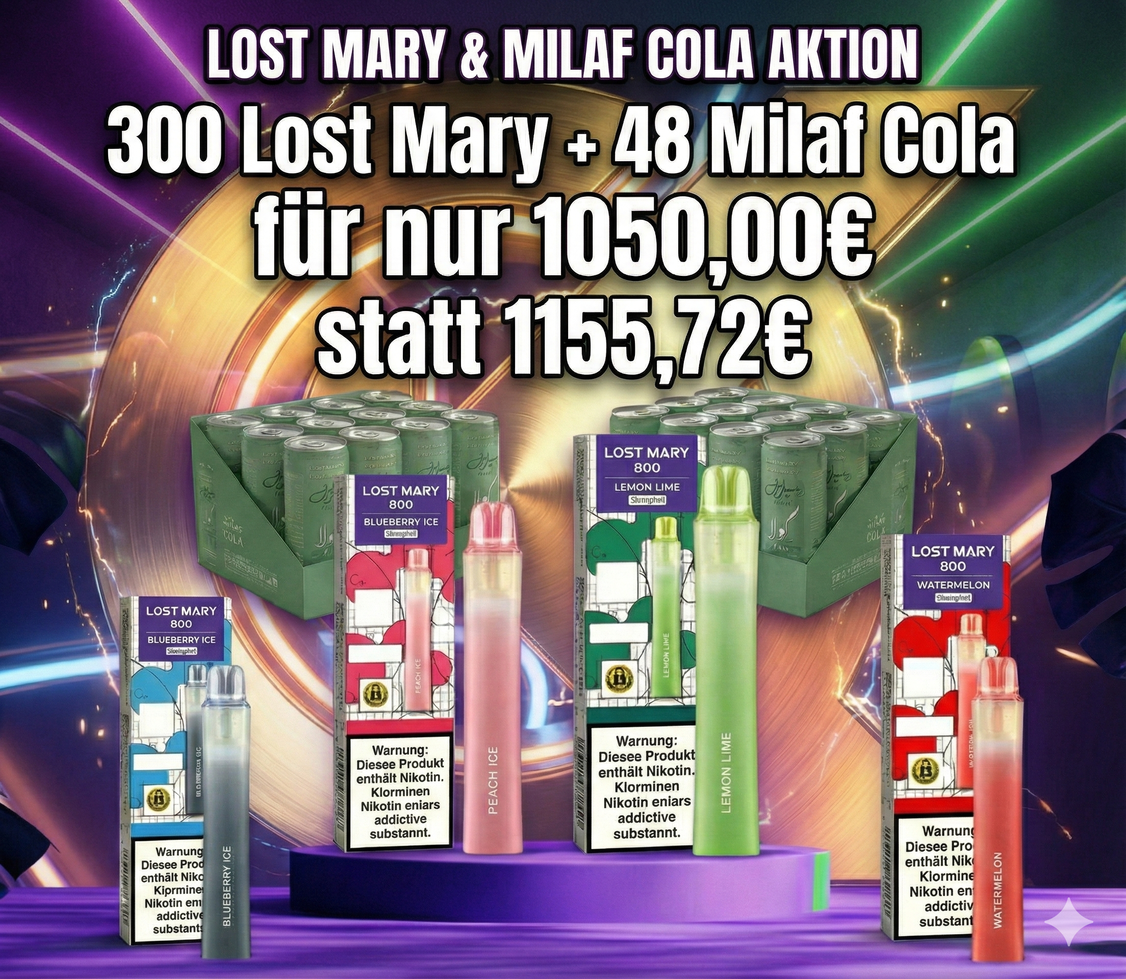B2B Bundle: 300x Lost Mary 800 E-Zigaretten in 15 Sorten und 48x Milaf Cola Dosen zum Netto-Vorteilspreis